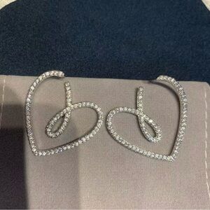 Crystal Heart Loop Earrings - Silver